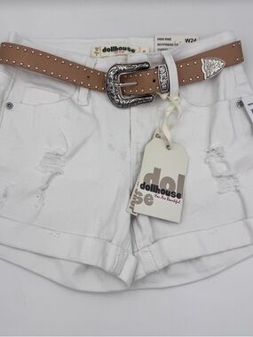 Dollhouse White Distressed High-Rise Denim Shorts Studded Belt Boyfriend western